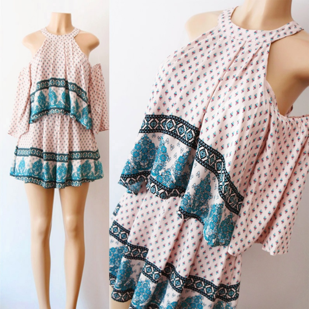 Taupe Pink Mock Neck Cold Shoulder Pleated Romper - Picture 2 of 8